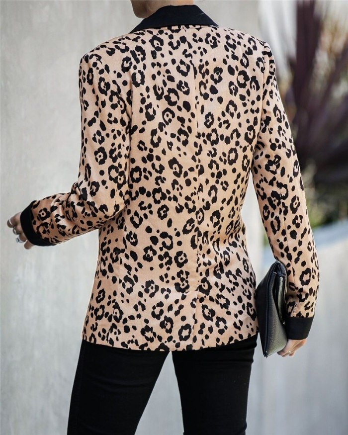 Leopard V-Neck Casual Office Blazer Women Single Breasted Fashion Blazer Suit Spring Autumn Jacket All-Match Simple Slim Outwear