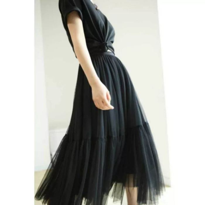 Spring Summer Long Mesh Tiered Skirt Office Lady Vintage Layered Ruffle Beach Travel High Street Elastic Waist Skirts Tulle Plea