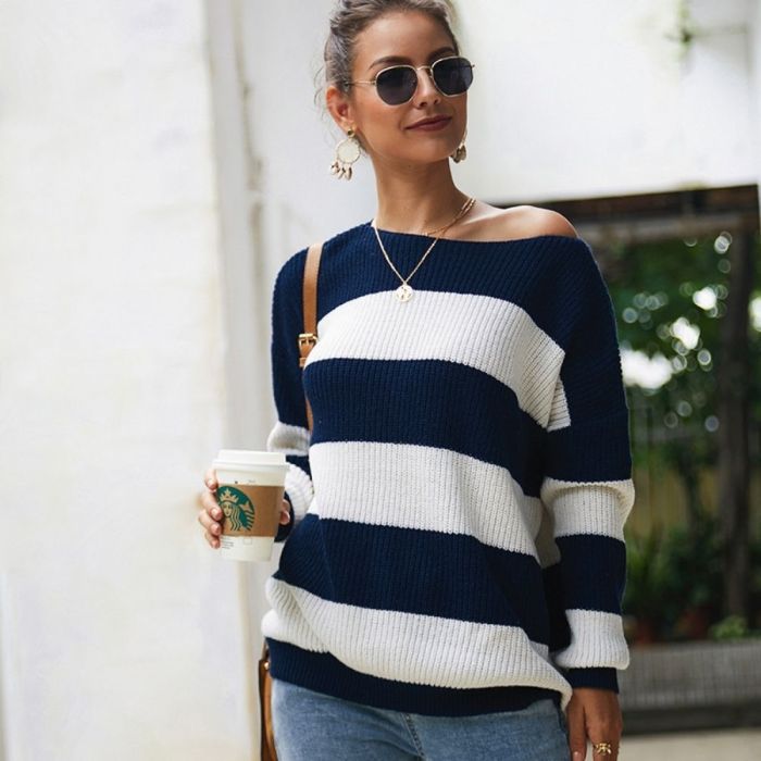New Fashion Loose Striped Sweater Women Sexy Slash Neck Knitted Sweaters Spring Autumn Female Pullover Knit Jumpers