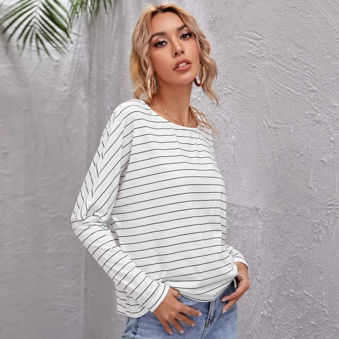 Women Striped T Shirt Tops Casual Batwing Long Sleeve Office Loose Tees Top 2021 Autumn New Fashion Elegant Home Wear Clothing