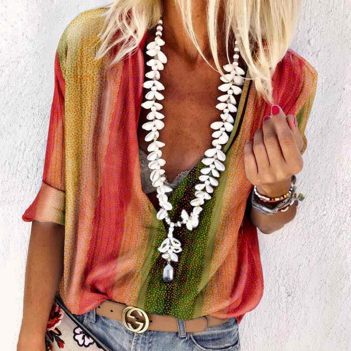 Women's Fashion V-neck Printed Colour Blouse