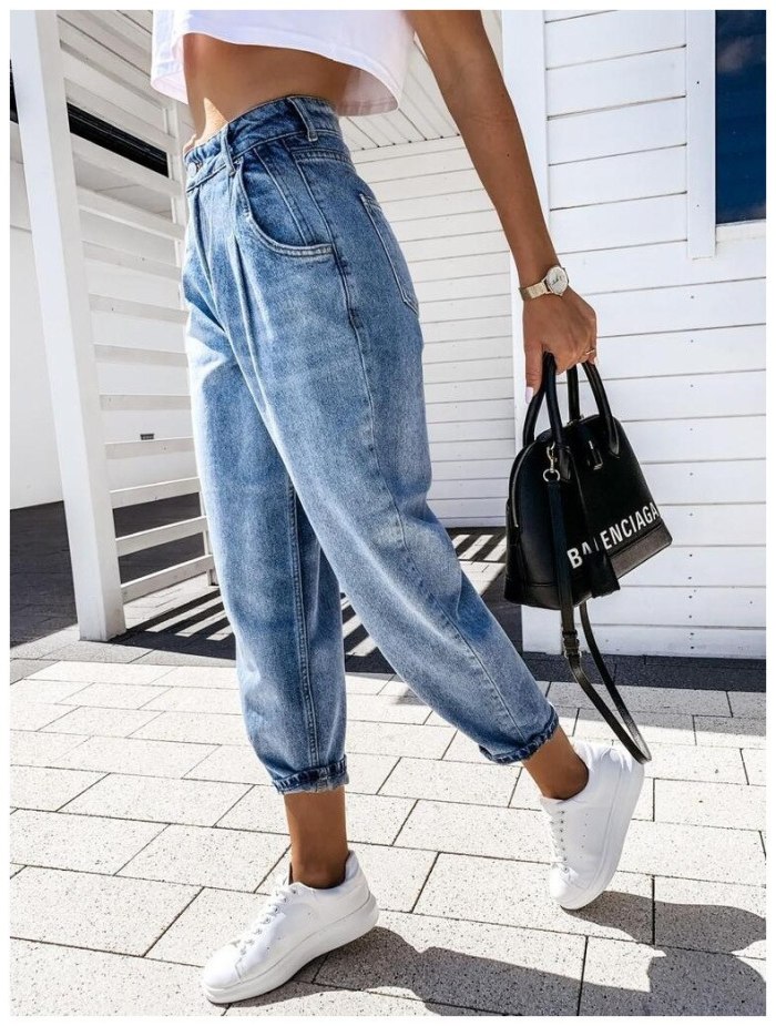 New High Waist Jeans Women Pocket Trouser 2021 Autumn Streetwear Fashion Ladies Casual Blue Denim Joggers Harem Pants Jeans Woman