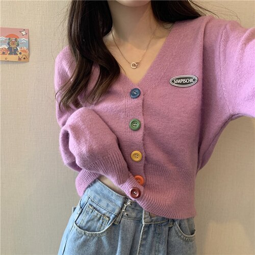 Cardigans Women Sweater V-Neck Knitted Colorful Buttons Crop Top Sweet Korean Style Womens Elegant Fashionable Spring Autumn New