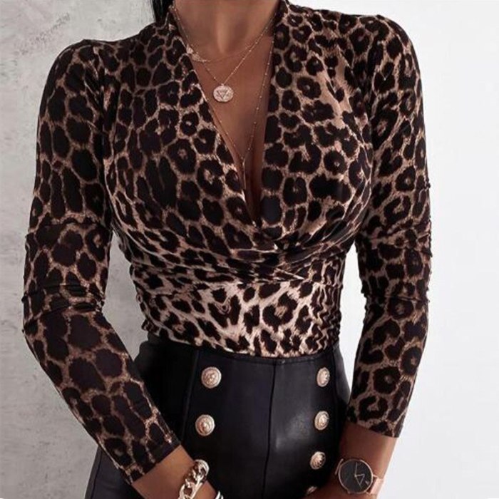 Casual Leopard Dot Print Ruffle  Long Sleeve Elegant Office Lady V-Neck Button Blouse Shirt