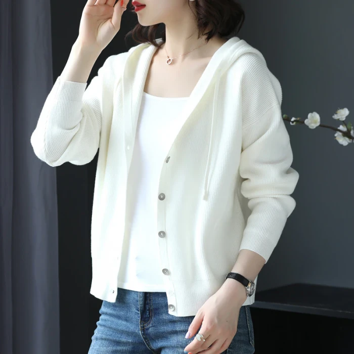 Women 2021 Spring Autumn Casual Hooded Thin Knitted Sweater Female Loose Cardigans Coat New Ladies Solid Outerwear NS4637