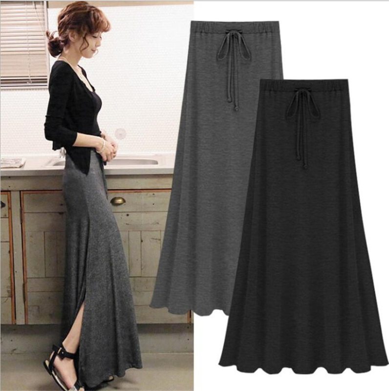 Sexy Summer Slit Side Skirt Women Fashion Casual Long Maxi Skirt Sexy Stretchy Solid Lace-Up Gray Black Skirts