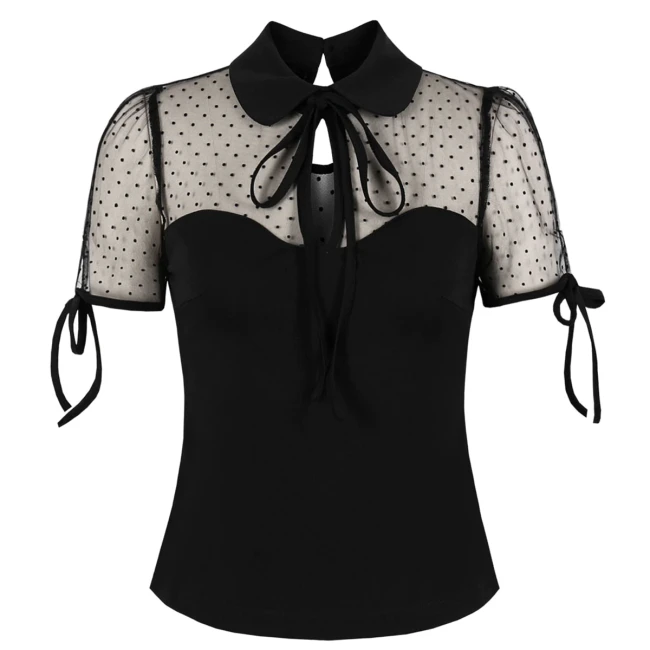 2021 Solid Color Chic Retro Vintage Mesh Blouse Women Tops With Bow Summer French Turn Down Collar Black Causal Shirt Blusas