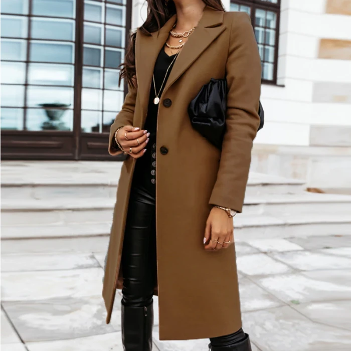 Fashion Single Breasted Lined Pocket Slim Outerwear Autumn Winter Women Solid Casual Long Coat Elegant Lapel OL Commuter Blazer