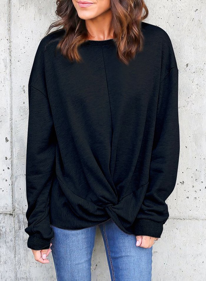 Knot Twist Front Long Sleeve Casual Pullover Hoodie