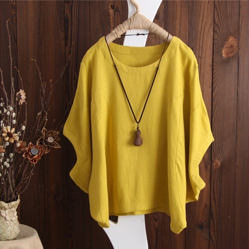 Plus Size 2021 Women Sleeve Loose Summer Blouse Solid Casual Baggy OL Work Top Cotton Linen Shirt Yellow Blusas