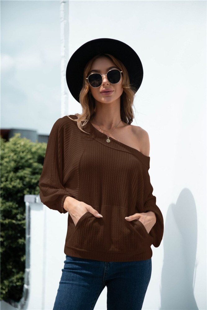 Fashion Women Spring Autumn Solid Color T-Shirts Patchwork Design Pocket Decor Skew Collar Long Sleeve Casual Loose Top