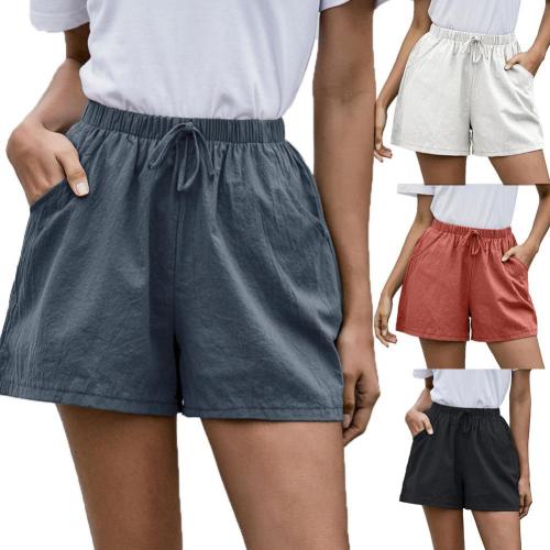 Casual Women Solid Color High Waist Drawstring Pockets Wide Leg Shorts Minipants