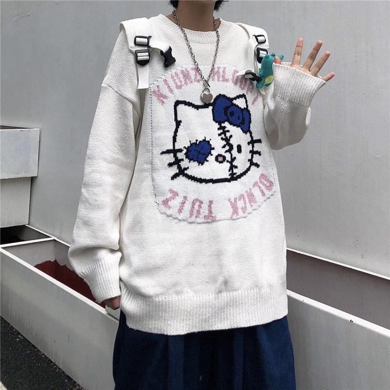 Harajuku Women's Pullover Sweater Cartoon Cat Print Loose Sweater