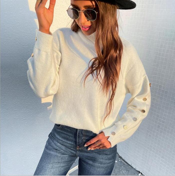 Knit Ribbed Sweater Button Pullover Female Jumper Fall Winter Long Sleeve Half Turtleneck Side Slit Knitwear Sexy Sweaters