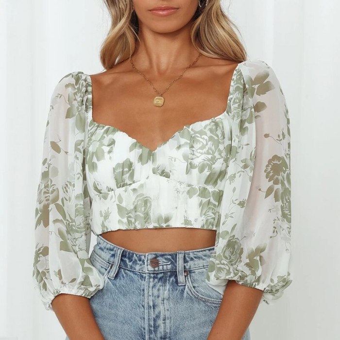 Chiffon Vintage Floral Print Cross Crop Top Women Beach Lantern Sleeve V-Neck Female T-Shirt INS Summer Backless Sweet Lady Tops