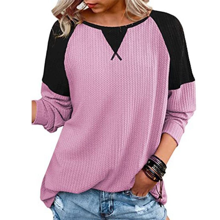 2021 Autumn Solid Patchwork Long Sleeve T Shirts Women's Causal Loose O Neck Fashion Shirts Tops Vintage Oversize Pullover Mujer