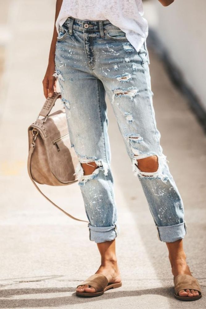 High Waist Loose Jeans Clothes Women Casual Blue Denim Streetwear Ripped Hole Trousers Lady Fashion Straight Pants 2021