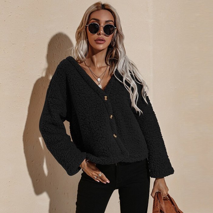 Coat Women Autumn/Winter 2021 Women V-neck Long-sleeved Top Fashion Plush Jacket Solid Color Fashion Outerwear & Coats