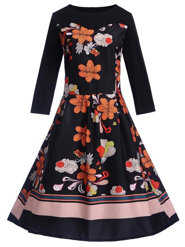 Women's Retro Floral Print Long Sleeve Vintage Dress