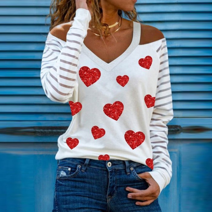 Casual Women V Neck Heart Print Blouses Shirts Elegant Hollow Out Halter Pullover Tops Sexy Striped Patchwork Long Sleeve Blusas