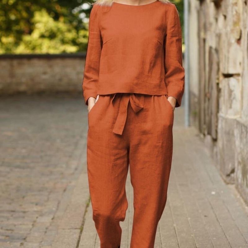 Autumn Office Lady Elegant Long Sleeve Outfit Women Solid Cotton Linen Two Piece Sets Casual O Neck Tops + Wide Leg Pants Suits