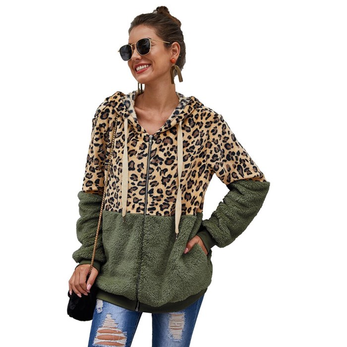 Female Leopard Splicing Brief Paragraph Coat Women Autumn Hooded Fluffy Plush Winter Faux Fur Jacket