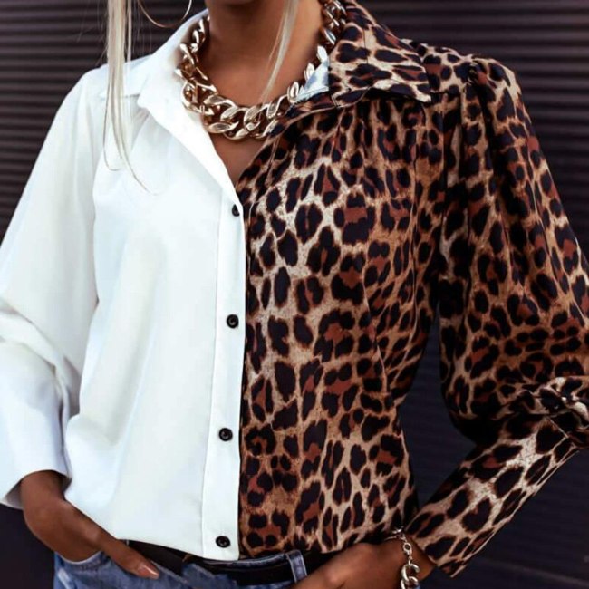 Elegant Turn-Down Collar Office Lady Shirt New Spring Autumn Patchwork Leopard Blouse Casual Button Long Sleeve Women Tops Blusa