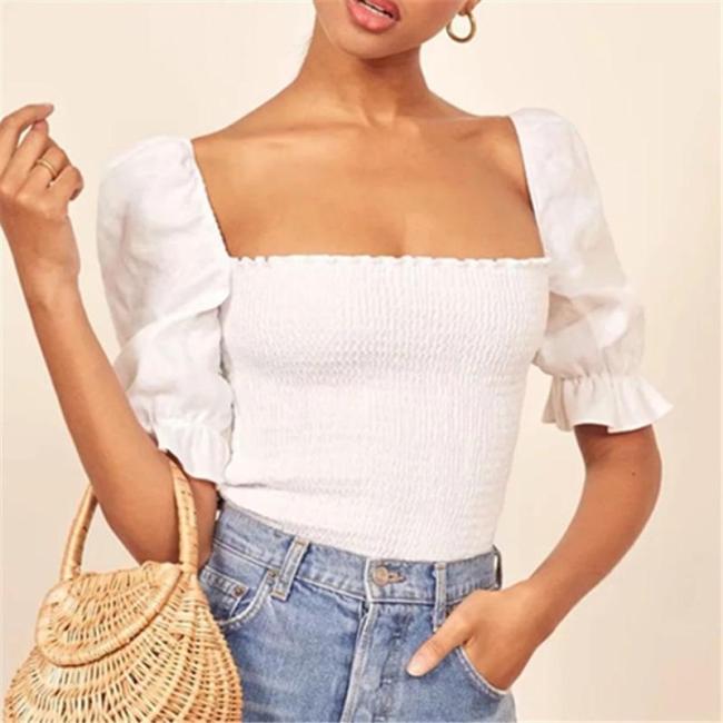 French Elastic Pleated Top Square Collar Blouses