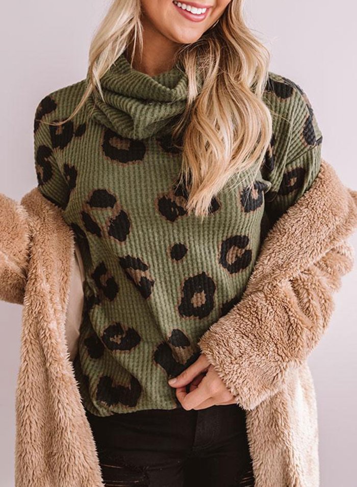 Leopard Turtleneck Casual Sweatshirt