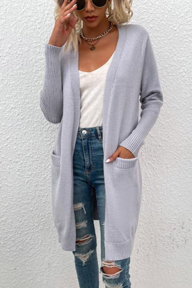Knitted V-neck Long Cardigan for Women 2021 Autumn Winter Solid Women's Sweater Oversize Loose Casual Pocket Coat Apricot Khaki