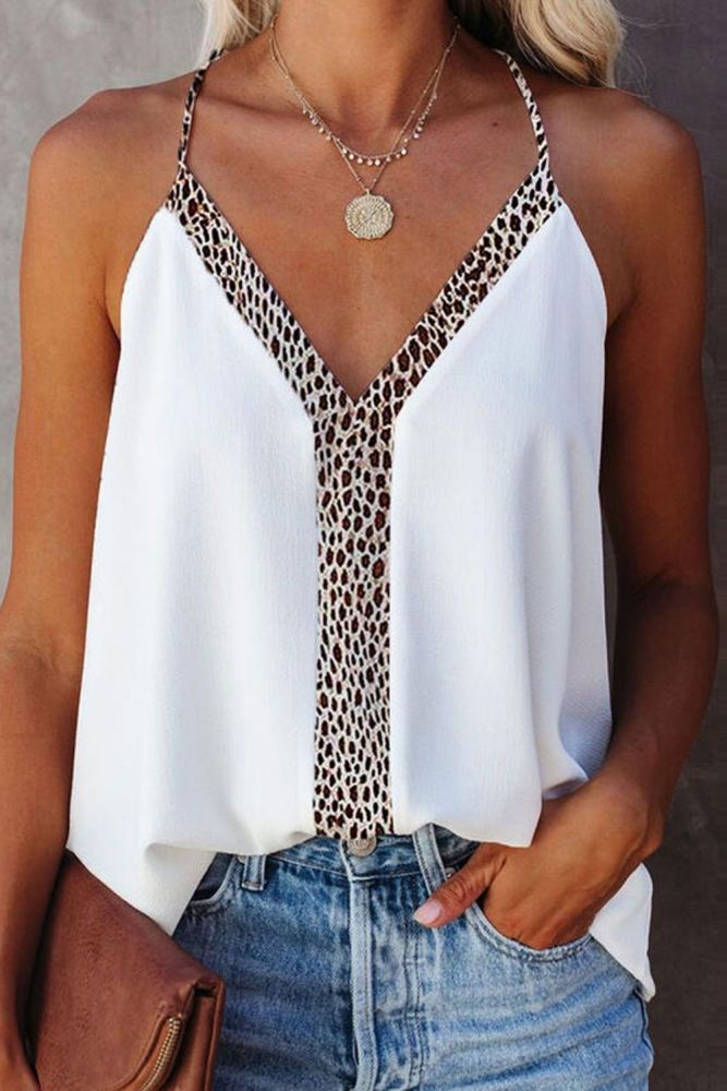 Summer Deep V-neck Sexy Low-cut Strap Leopard Print Top Casual Street Commuter Women's Top Party Date Nightclub Style
