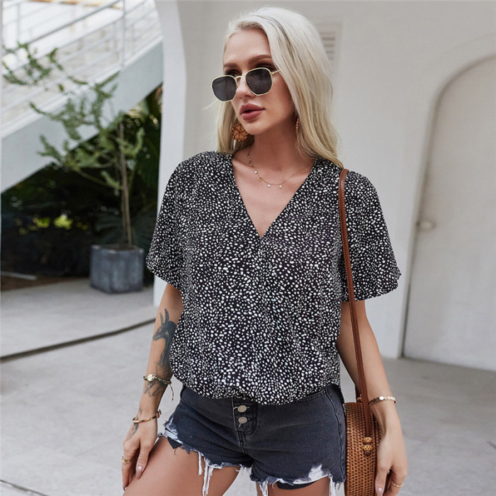 Spring New Leopard Print Top Women Short Sleeve V Neck T-Shirts Top Ladies Loose Summer Floral Pullover Tops