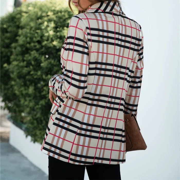 Autumn Women Blazer Notched Collar Long Sleeve Plus Size Office Ladies Blazers And Jackets Plaid Casual Female Suits Coat