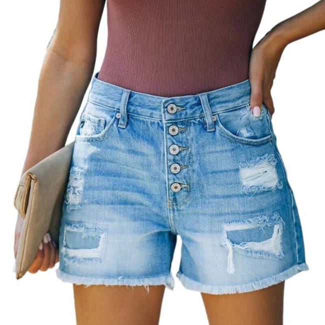 Women Fashion Pockets Ripped Denim Shorts Vintage High Waist Zipper Female Short Jeans Mujer 2021 Summer NEW