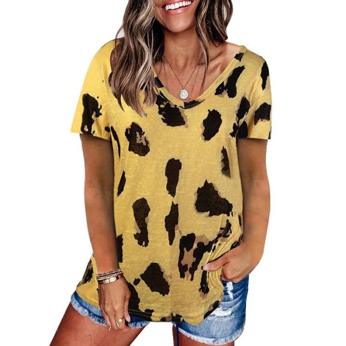 Woman Tshirts New Summer 2021 Europe Style Loose Off Short Sleeve T-Shirt Female Leopard Print Harajuku T Shirt