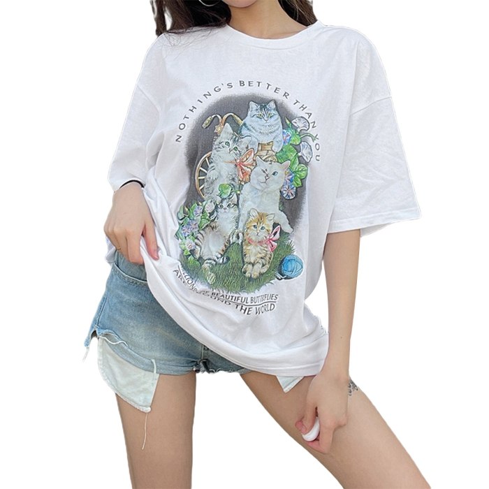 Summer Loose Women T-shirt Cat Print Short Sleeve Long Tee Shirt Round Neck Female Casual T Shirt Tee Top