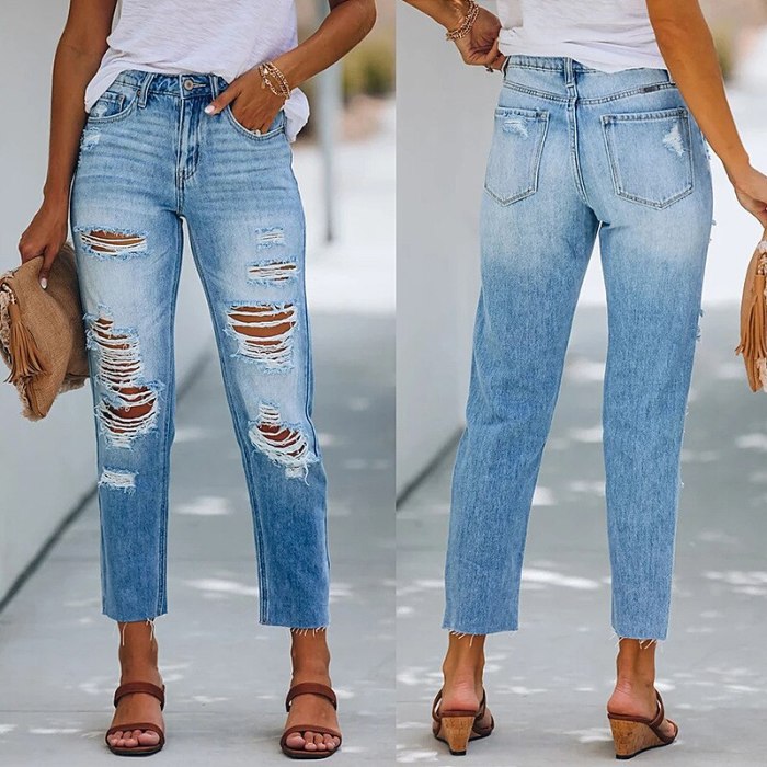Women Casual Fashion Long Pants Buttons Pocket Frayed By Hand Wash and Make Old Hole Slim Streetwear High Waist New Summer 2021