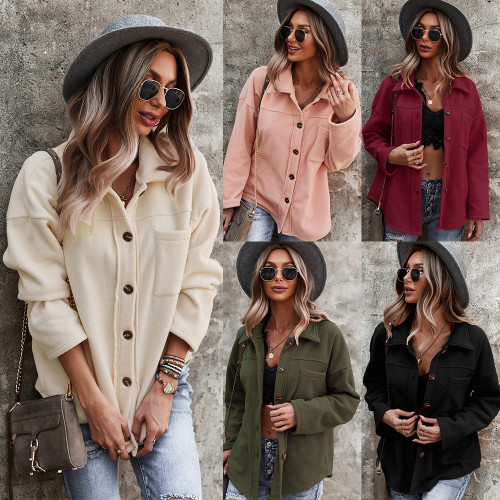 Women Fleece Shirts Turn Down Collar Single Breasted Solid Long Sleeve Casual Street Style Blouse Autumn Winter Top