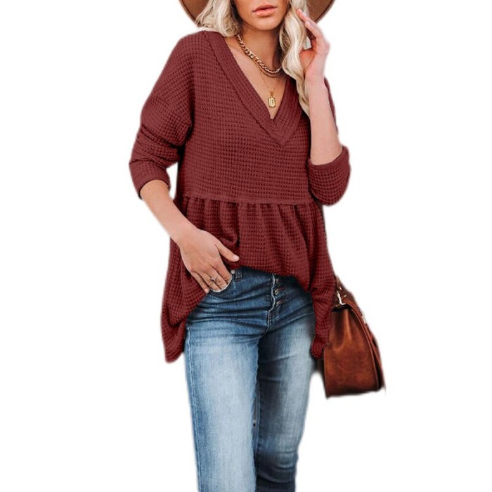 2021 Autumn Winter Fashion Clothes for Women Casual Streetwear V Neck Long Sleeve Ruched Loose Knit Tee T Shirt Femme Tops Mujer