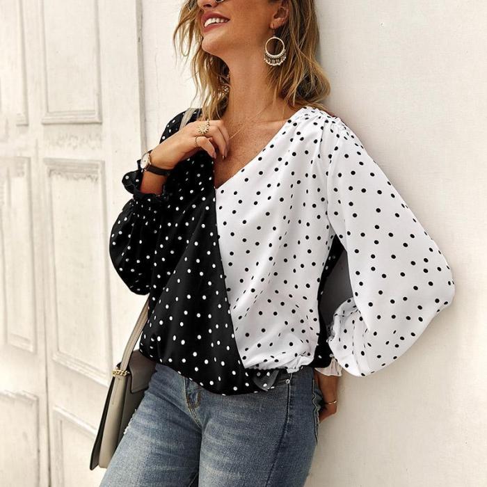 Splicing Wave Point Long Sleeve Blouses