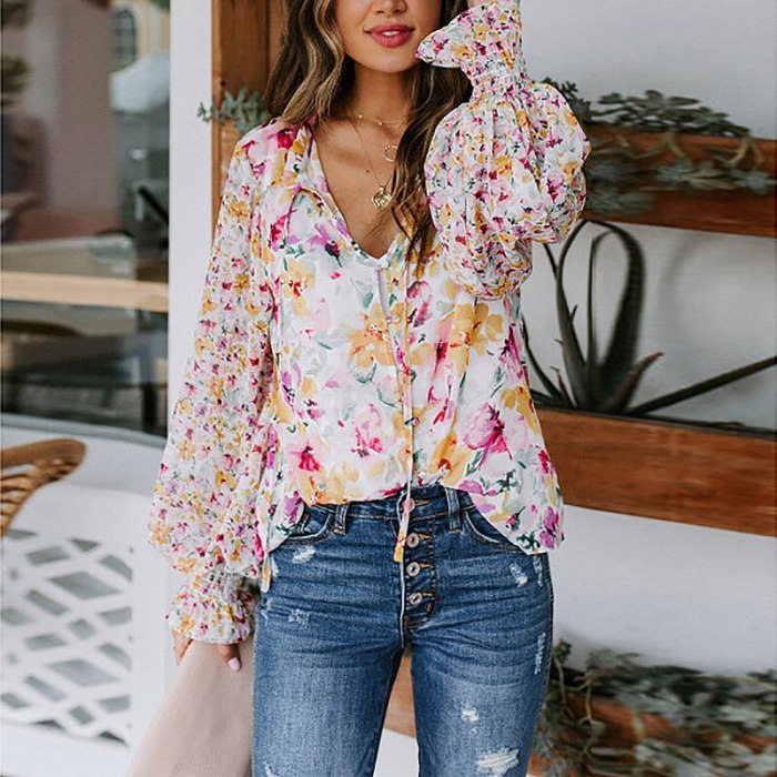 Fashion Women's Blouse New Spring Hot Sale Casual V-neck Single-breasted Printing Loose Plus Size Long-sleeved Blouse