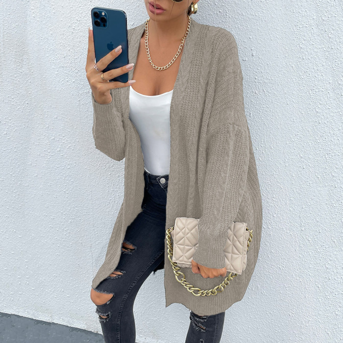 Women Autumn Sweater Solid Color Long Sleeve Open Front Solid Color Warm Cardigan Knitted Sweater Coat Loose Sweater Outwear