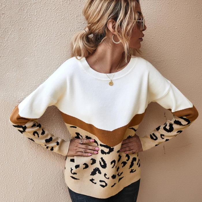 Leopard Women Knitted Sweater O-Neck Casual Jumper