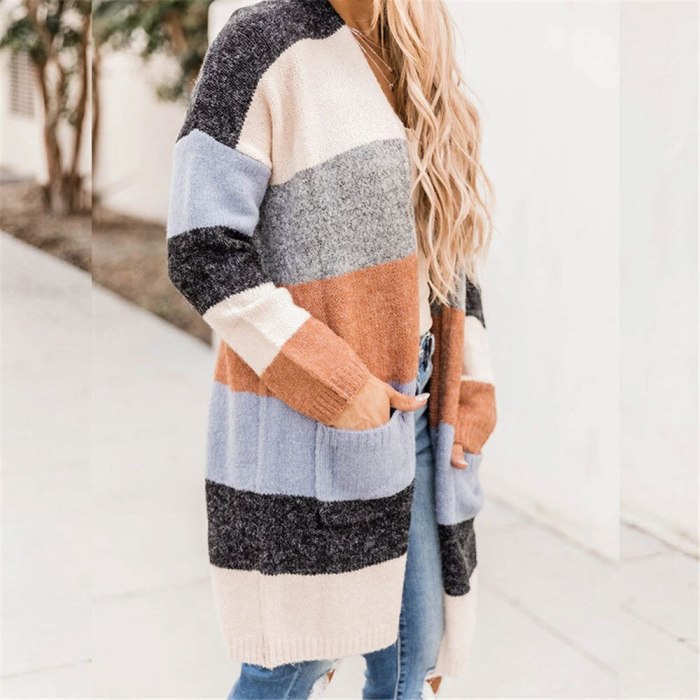Women Knitted Cardigan Sweater Striped Knitting Long Cardigan Big Pocket Plus Size Winter Warm Streetwear Robe