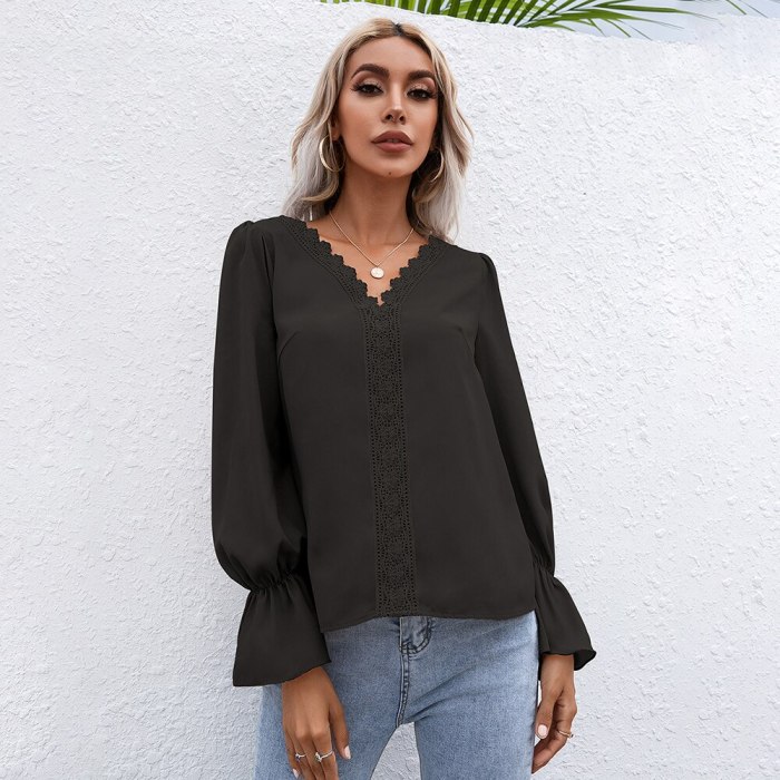 2021 Autumn Elegant Flare Sleeve Women Blouses Solid V-neck Hollow Out Office Lady White Shirt Fashion Casual Long Sleeve Tops