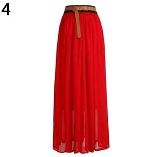 Women Double Layer Chiffon Pleated Retro Long Maxi Elastic Waist Skirt