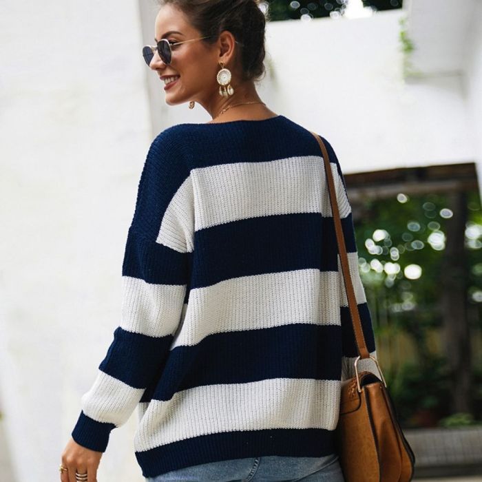 New Fashion Loose Striped Sweater Women Sexy Slash Neck Knitted Sweaters Spring Autumn Female Pullover Knit Jumpers