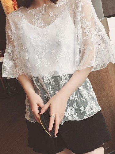 Summer Cotton Women Round Neck See-Through Floral Plain Bell Sleeve Short Sleeve Blouses