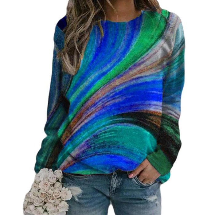 Female Tees Shirts rainbow Print Long Sleeve O-neck Loose Casual Womens Tshirt New 2021 Tops Pullovers Autumn Clothing Ladies