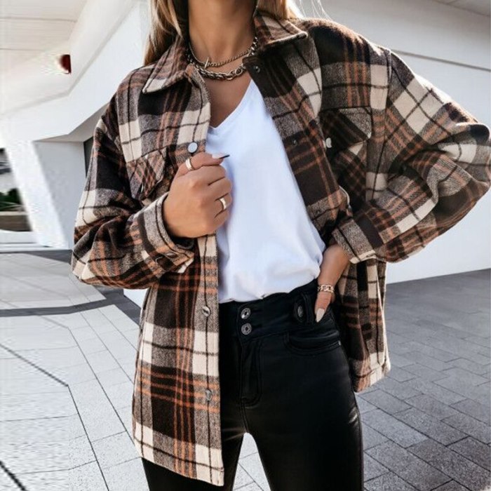 Autumn Casual Plaid Long Sleeve Lady Jacket Women Vintage Turn-Down Collar Tops Coat Elegant Female Single Breasted Outerwear XL